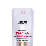A white resealable pouch of Purple Punch 98.54% THCa vape cartridge 1ml from hemp flower co featuring live resin