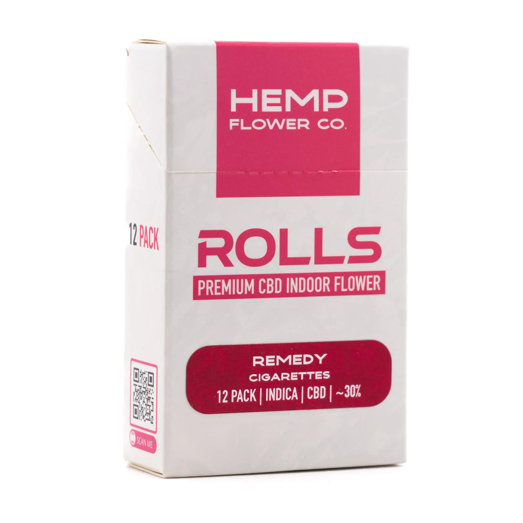 White cardboard package with pink branding for hemp flower co remedy cbd cigarettes 28.28 percent cbd smokes 12 pack