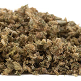 A pile of rna cbd hemp flower trim with dried buds showing green brown and beige hues and terpene profile