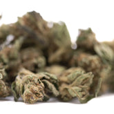 A dense green and brown royal highness full-term thca flower bud with visible trichomes from indoor cultivation terpene profile