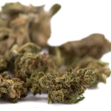 Dried sour space candy cbd hemp flower full-term smalls with green and brown hues covered in fine trichomes