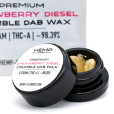 Black jar of Strawberry Diesel THCA Crumble Wax showcasing NYC Diesel concentrate