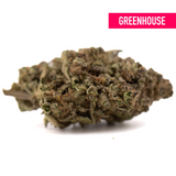 Studio 54’s green hemp flower bud with purple trichomes, mood brightening