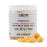 Super Lemon Haze THCA Crumble Wax jar with yellow crumbly haze THCA outside