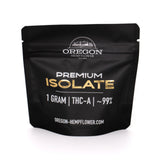 Black resealable pouch of Oregon Hemp Flower THCA isolate 1 gram with gold foil lettering and mountain logo highlighting therapeutic benefits
