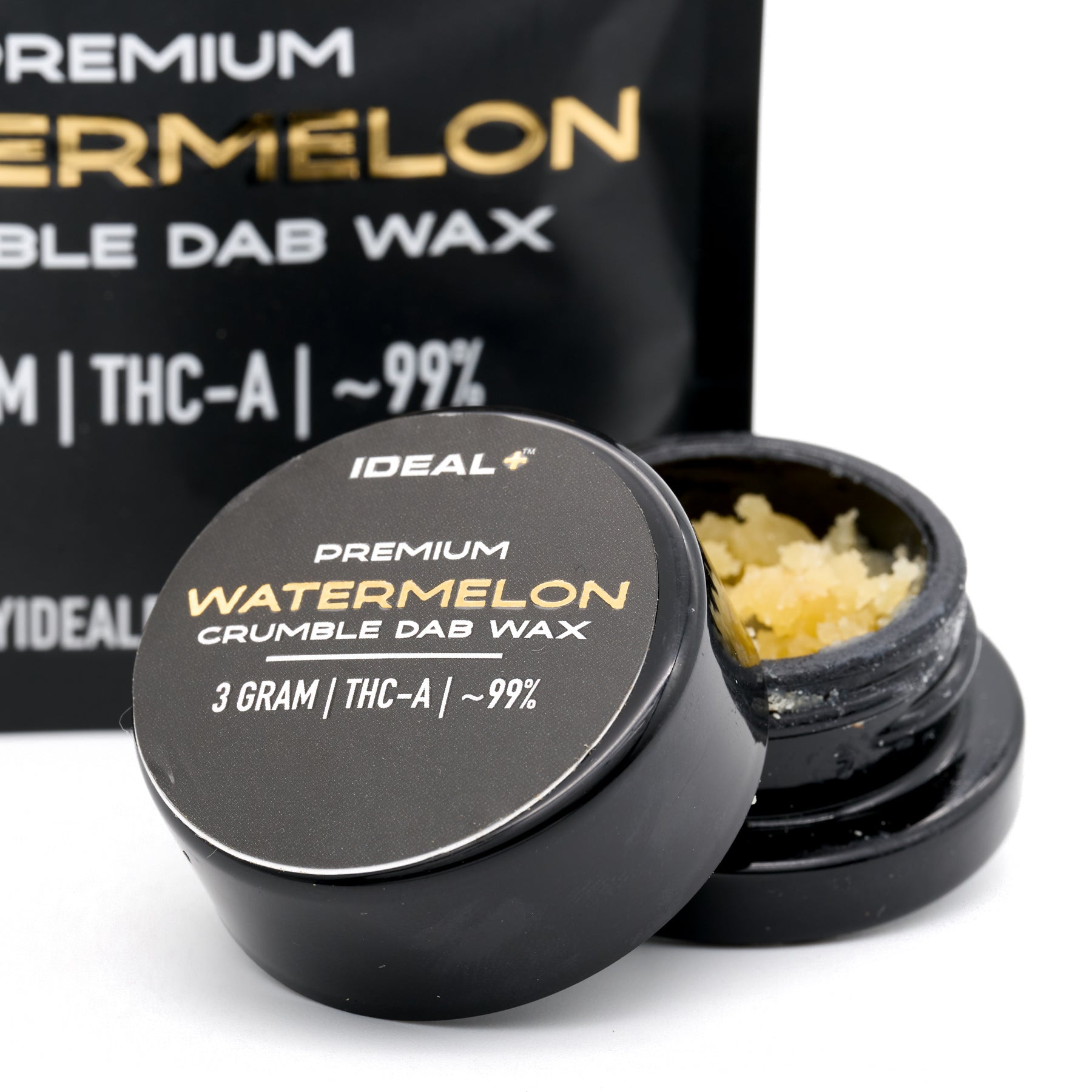 Black container of Watermelon 95% THCa Crumble Dab Wax with hemp flower for dabbing