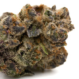 Wedding Cheesecake Indoor THCa Flower showing dense trichome-covered cannabis bud with purple green orange hues
