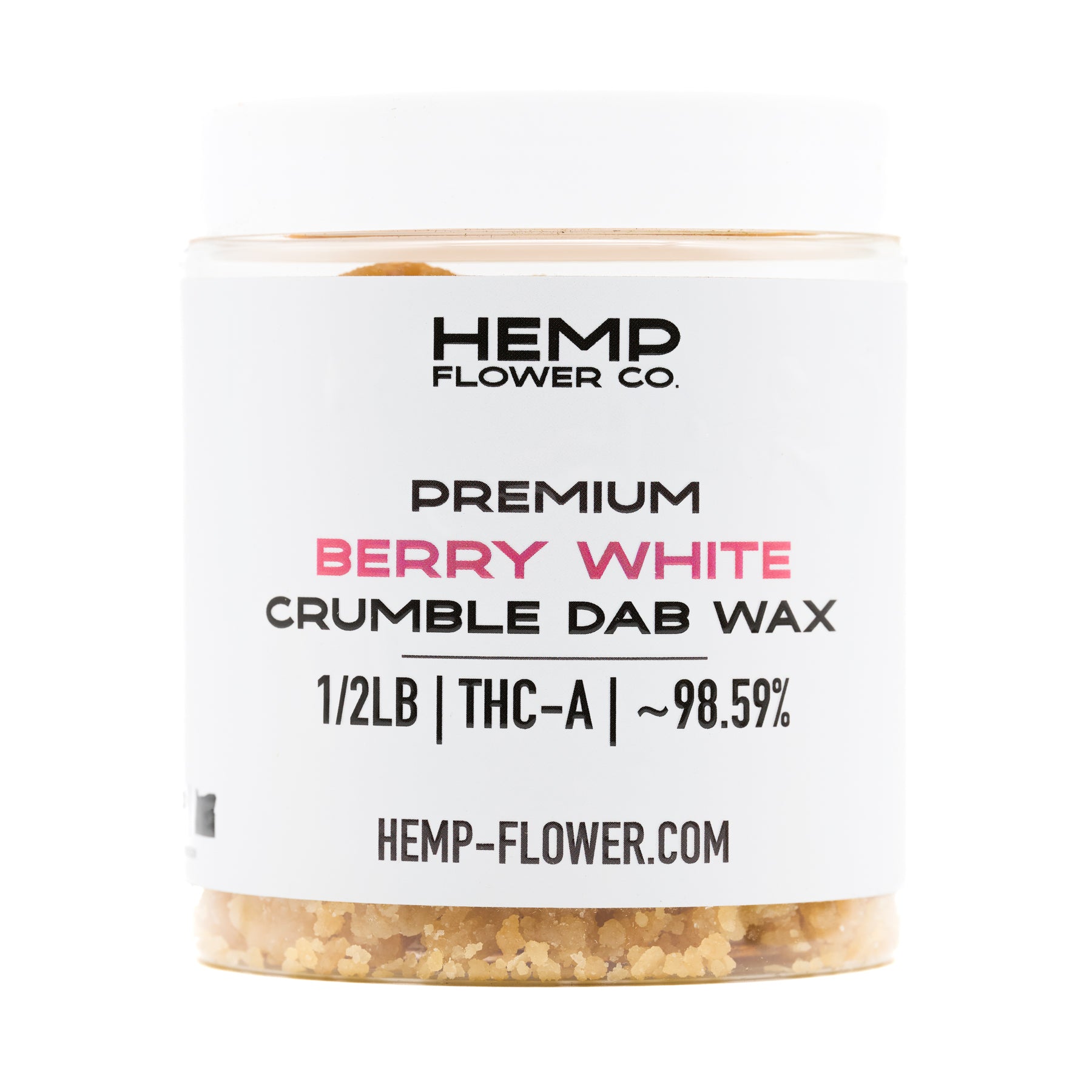 Clear plastic jar of Berry White THCA crumble wax with premium hemp flower product