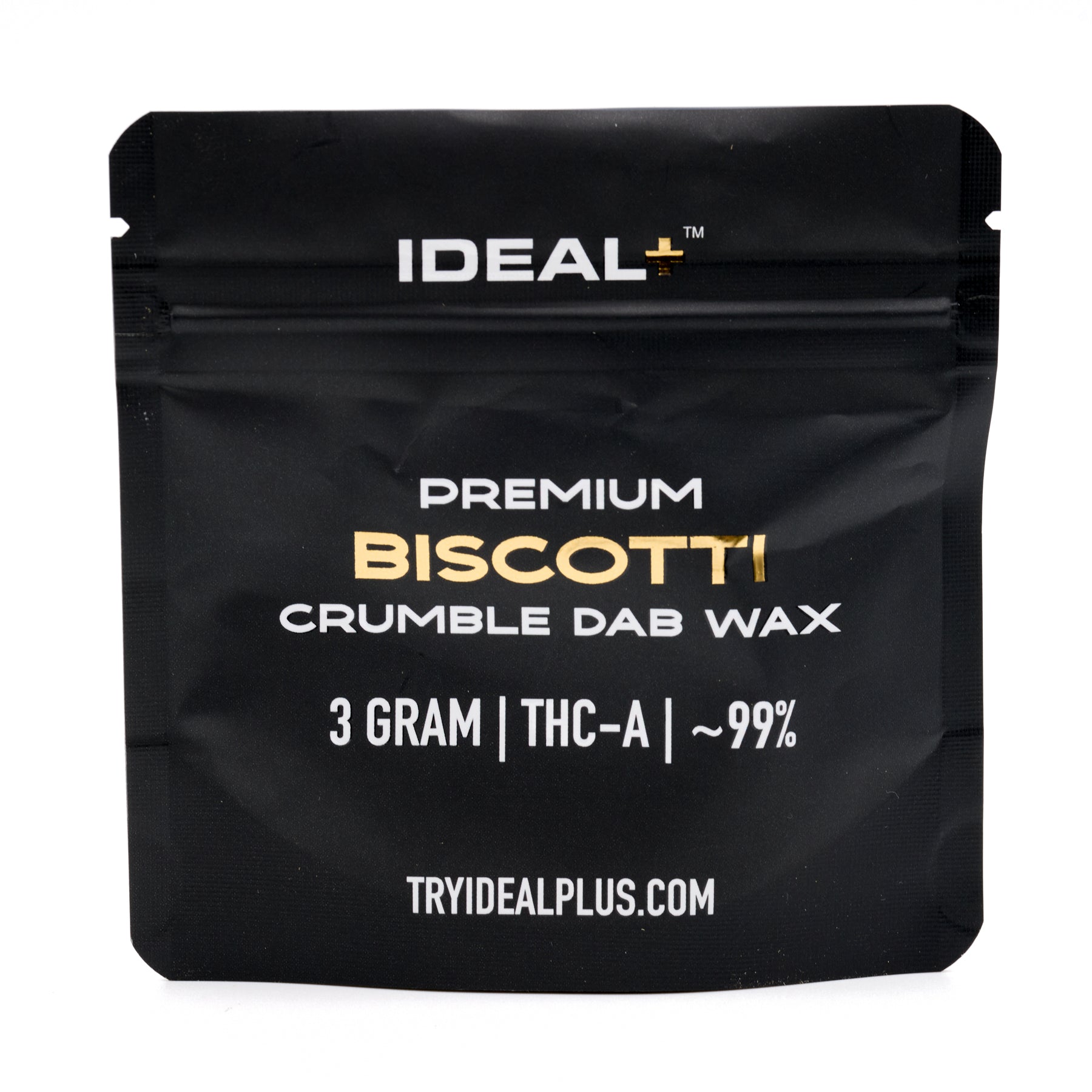 Black pouch of Biscotti 94.67% THCa Crumble Dab Wax, God’s Gift hemp flower concentrate