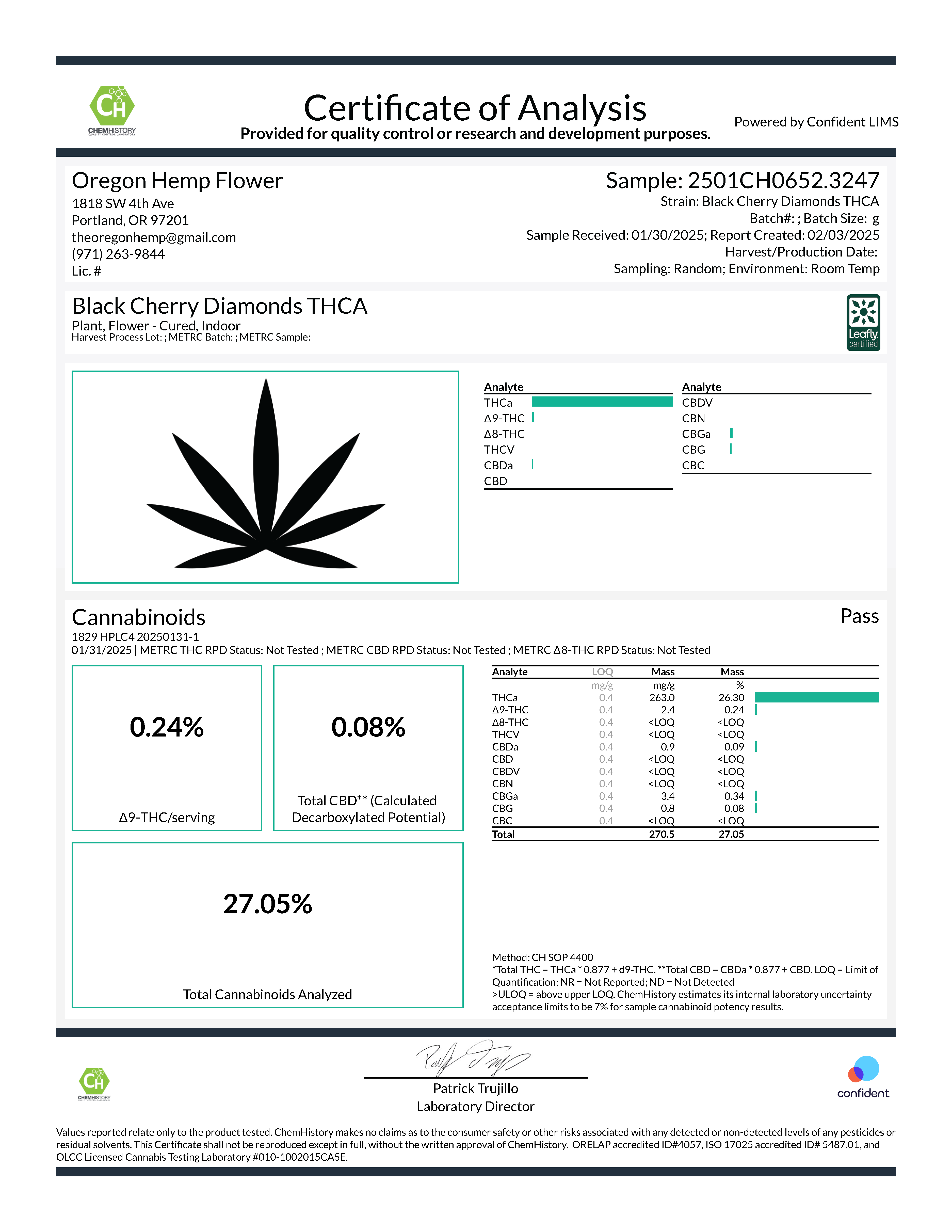 Certificate of analysis for Black Cherry THCa Flower, indoor diamonds cannabinoid content