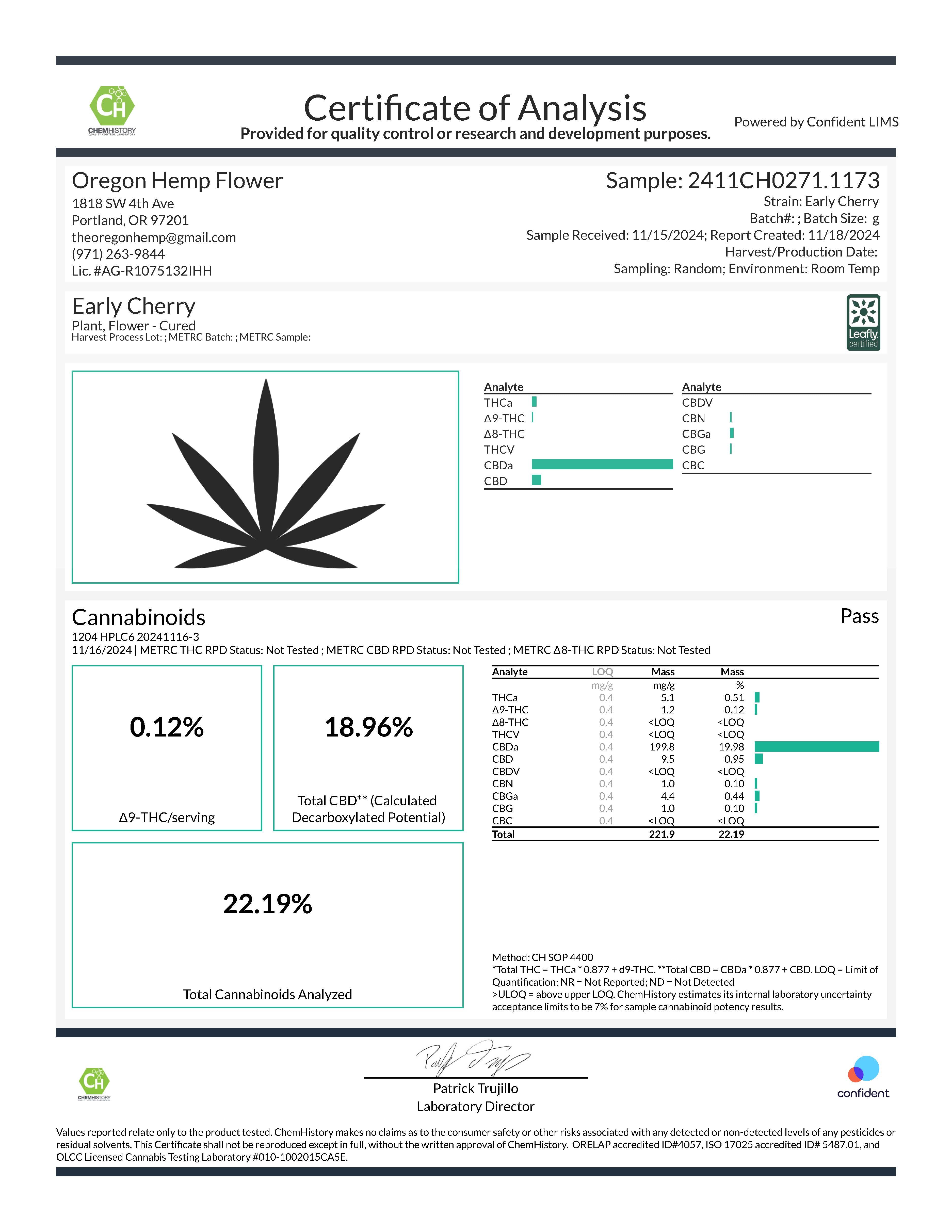 Cannabinoid analysis of Early Cherry Oregon hemp flower for Early Cherry CBD Hemp Flower Full-Term