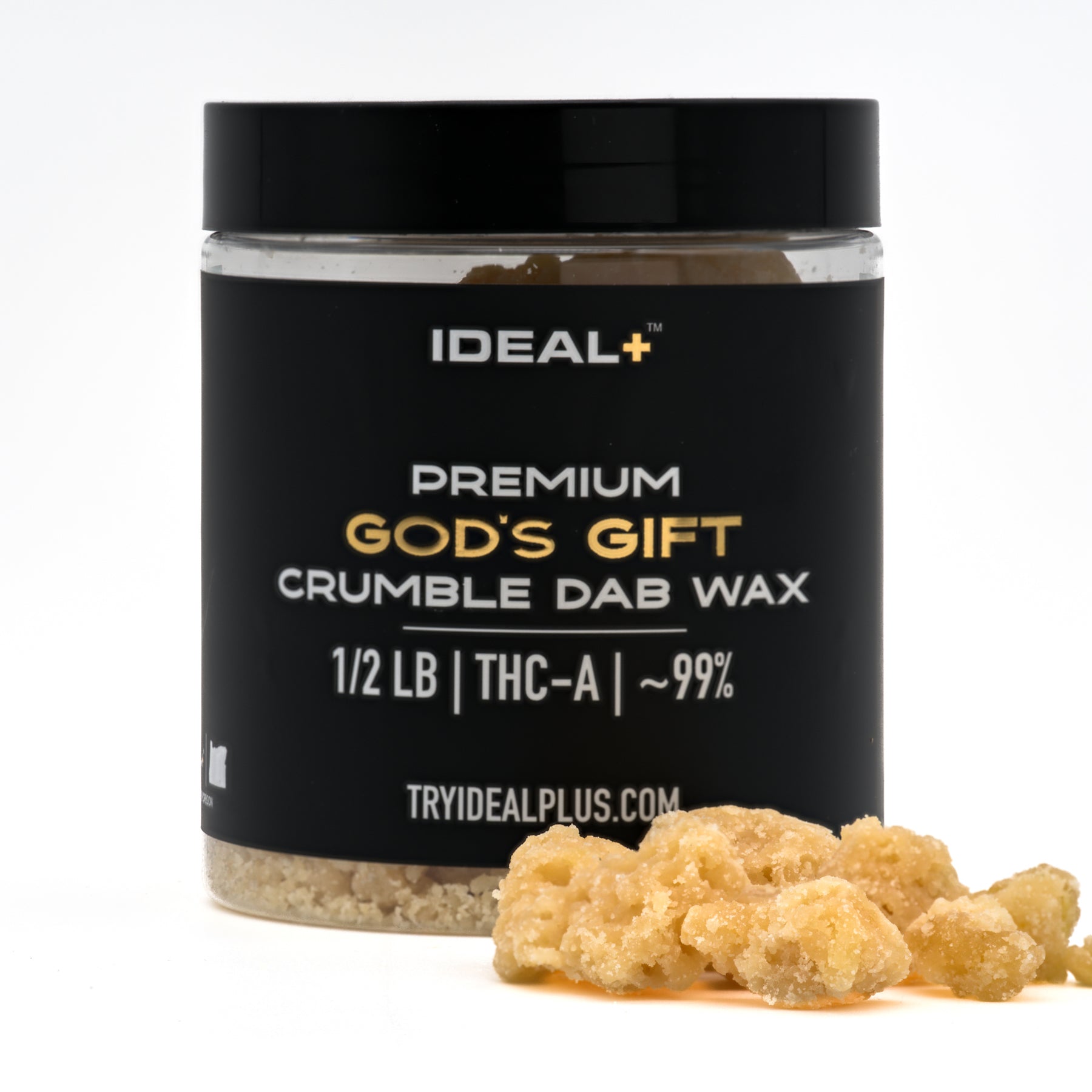 Clear plastic jar of Gods Gift crumble dab wax with granddaddy purple label, 99% THC-A