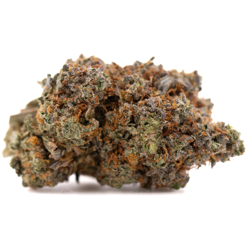 Dried Huckleberry Diesel THCA flower with greens, purples, and orange hairs for sleep support