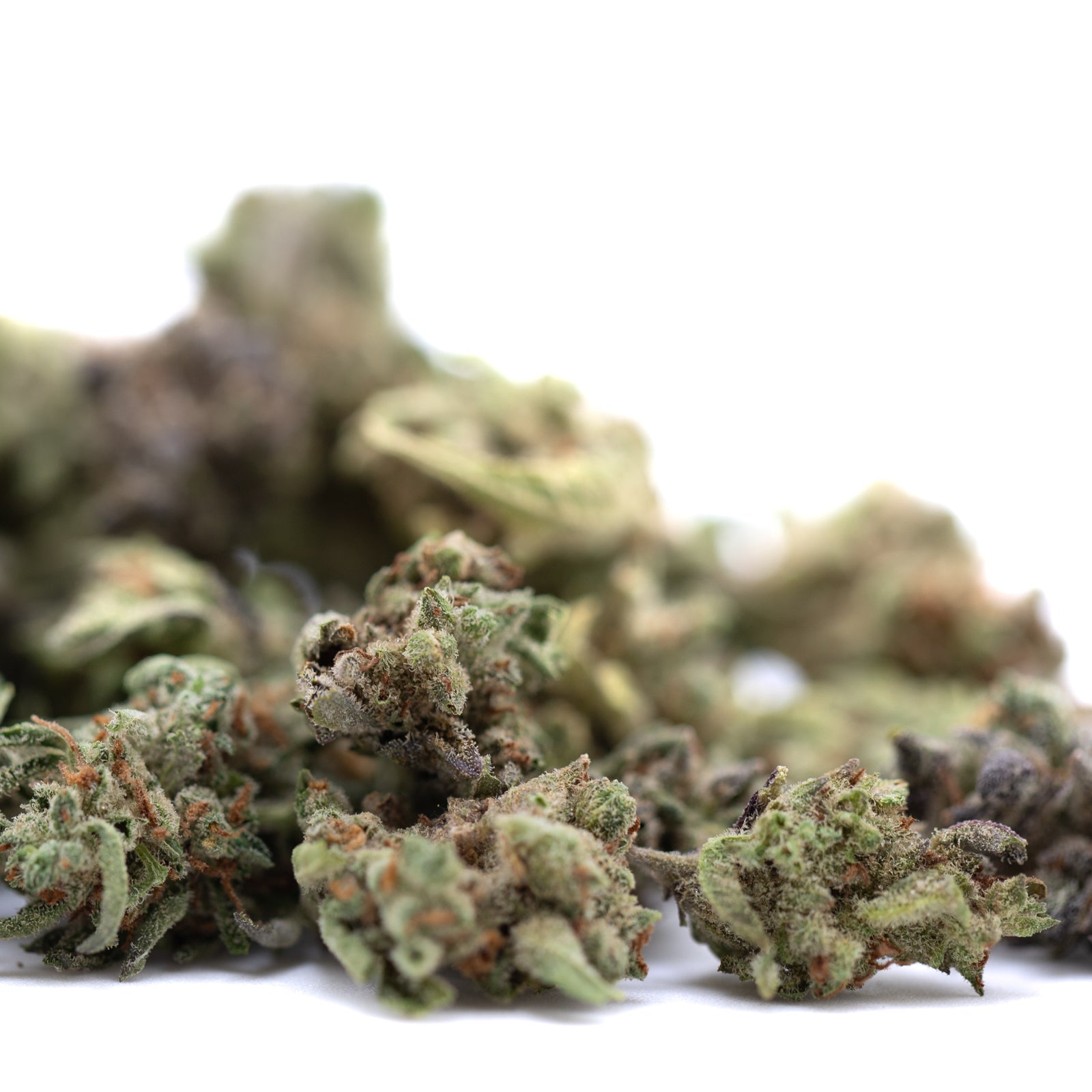 Mega Gummie Bearz THCa flower smalls: green purple buds with trichomes