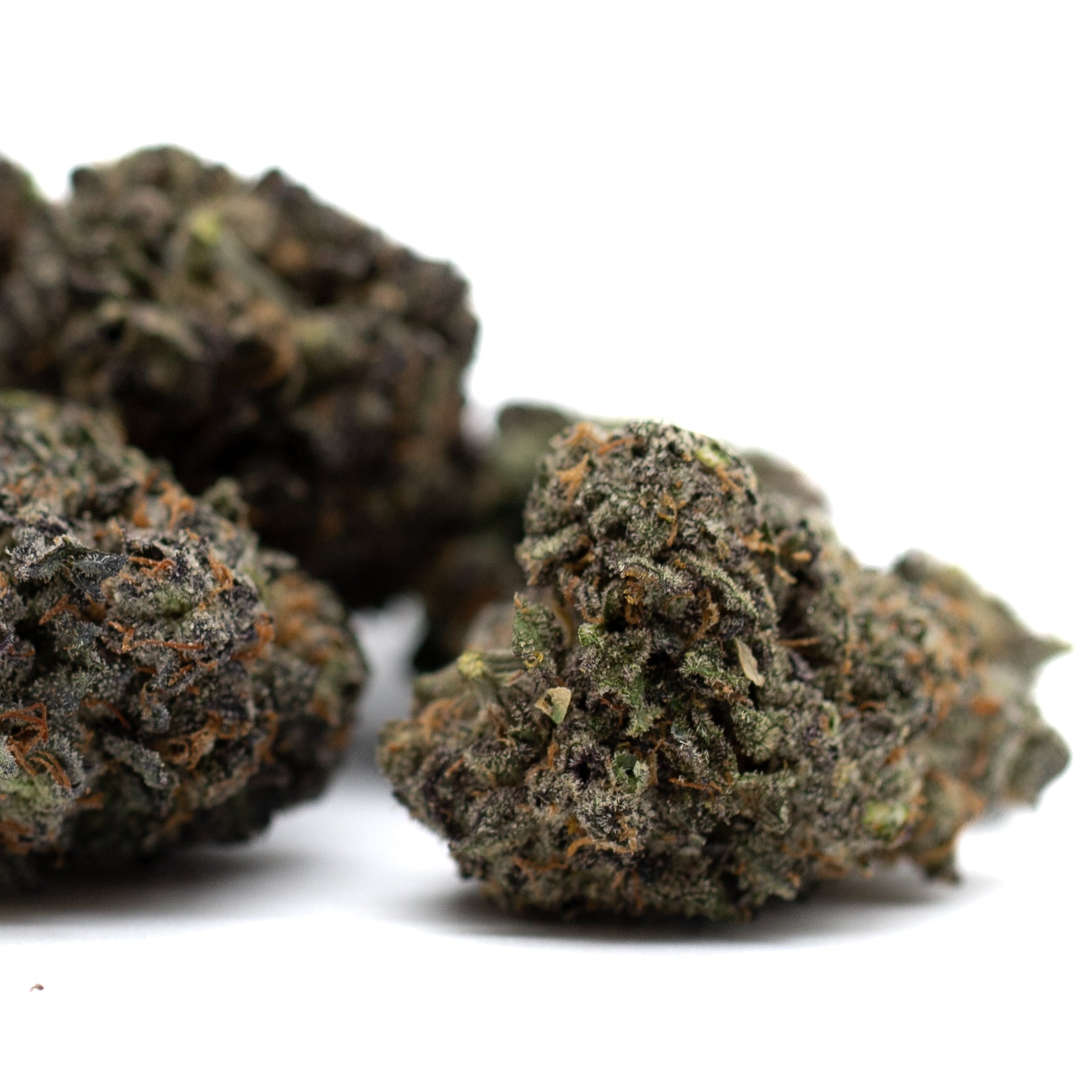 Dark dense cannabis buds with trichomes and orange hairs from Poppin Bottlez Rozay Cake THCA Flower