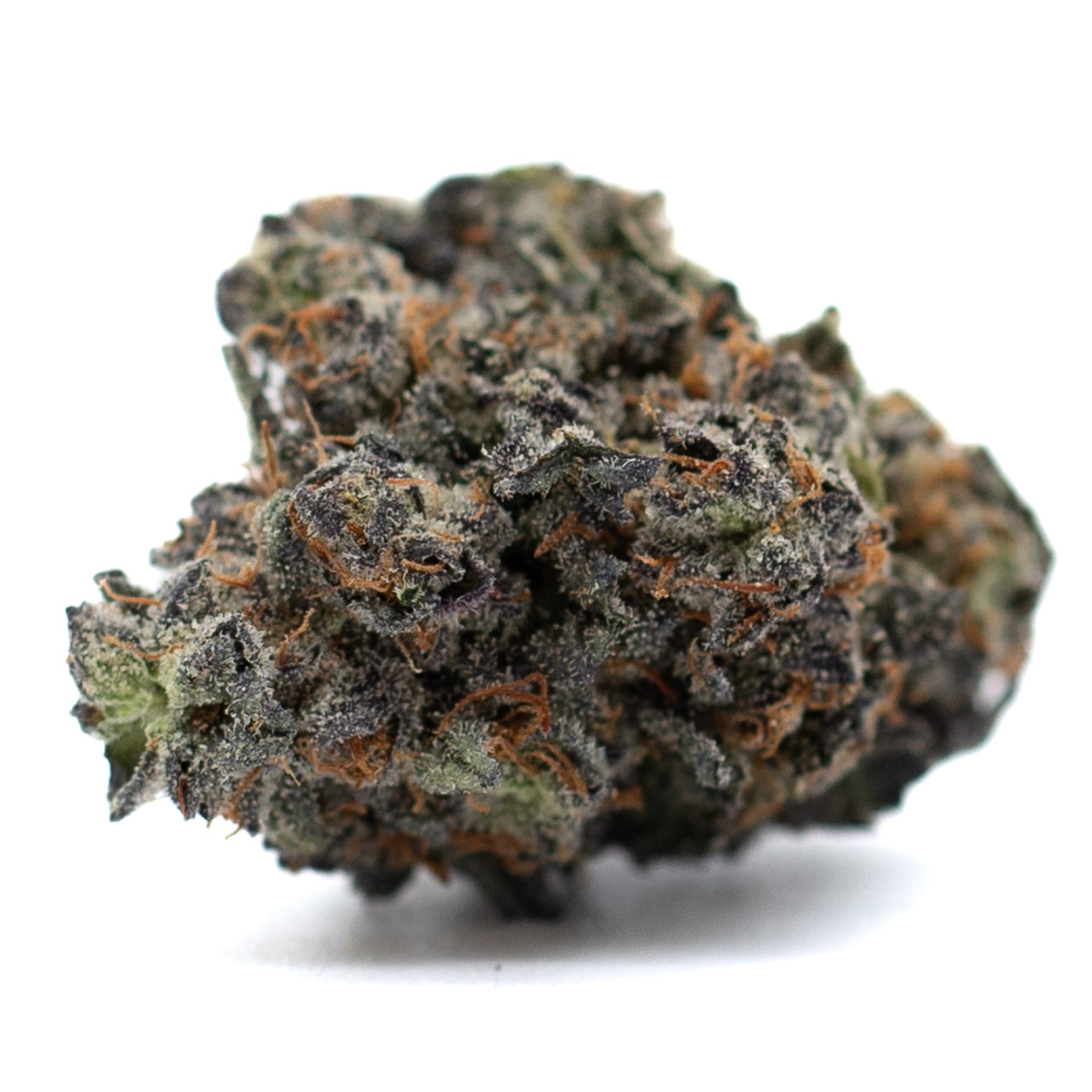 Dense trichome-rich Rozay Cake THCA Flower with purple and orange hairs from Hood Candyz