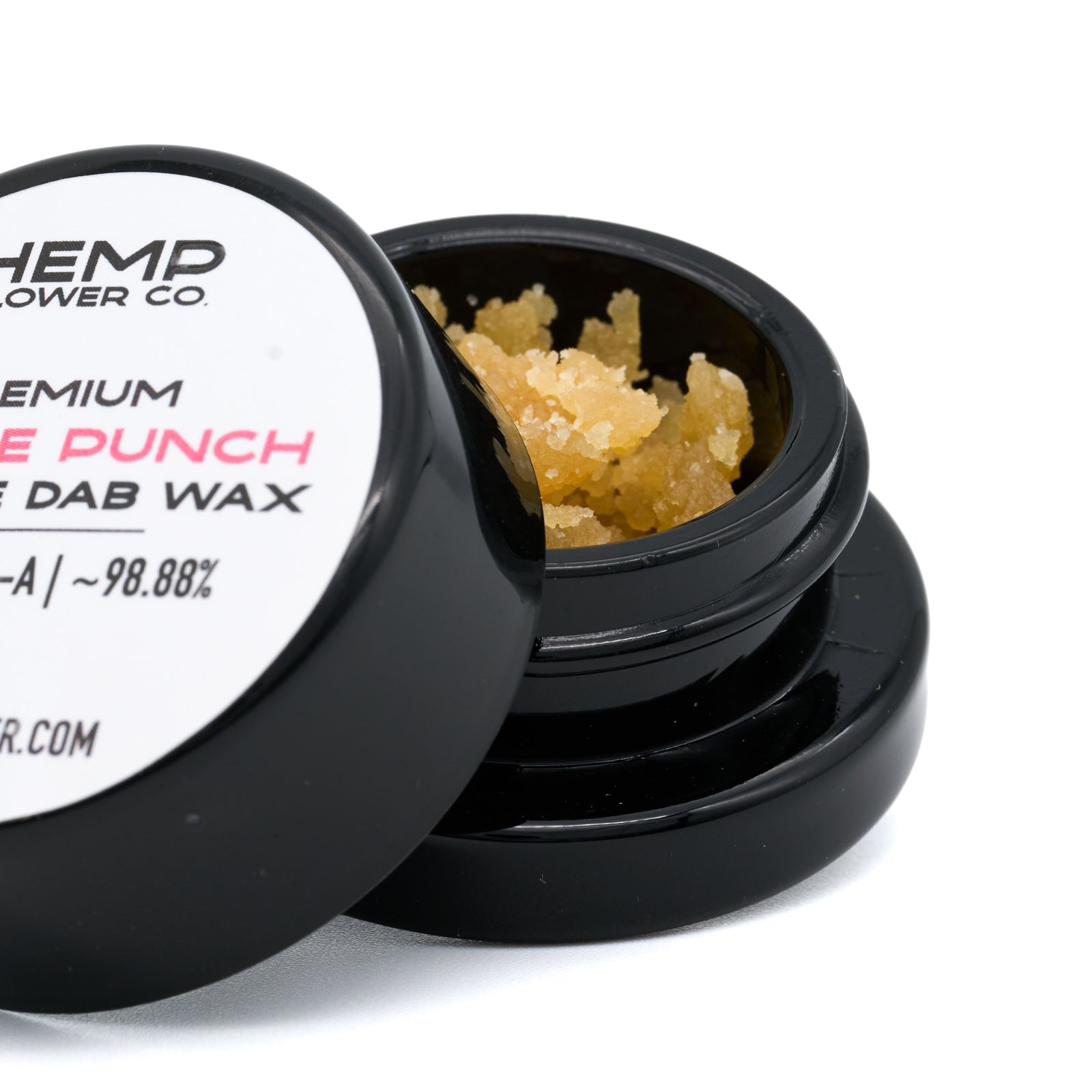 Open black container of yellowish Purple Punch THCA crumble wax with hemp flower scent