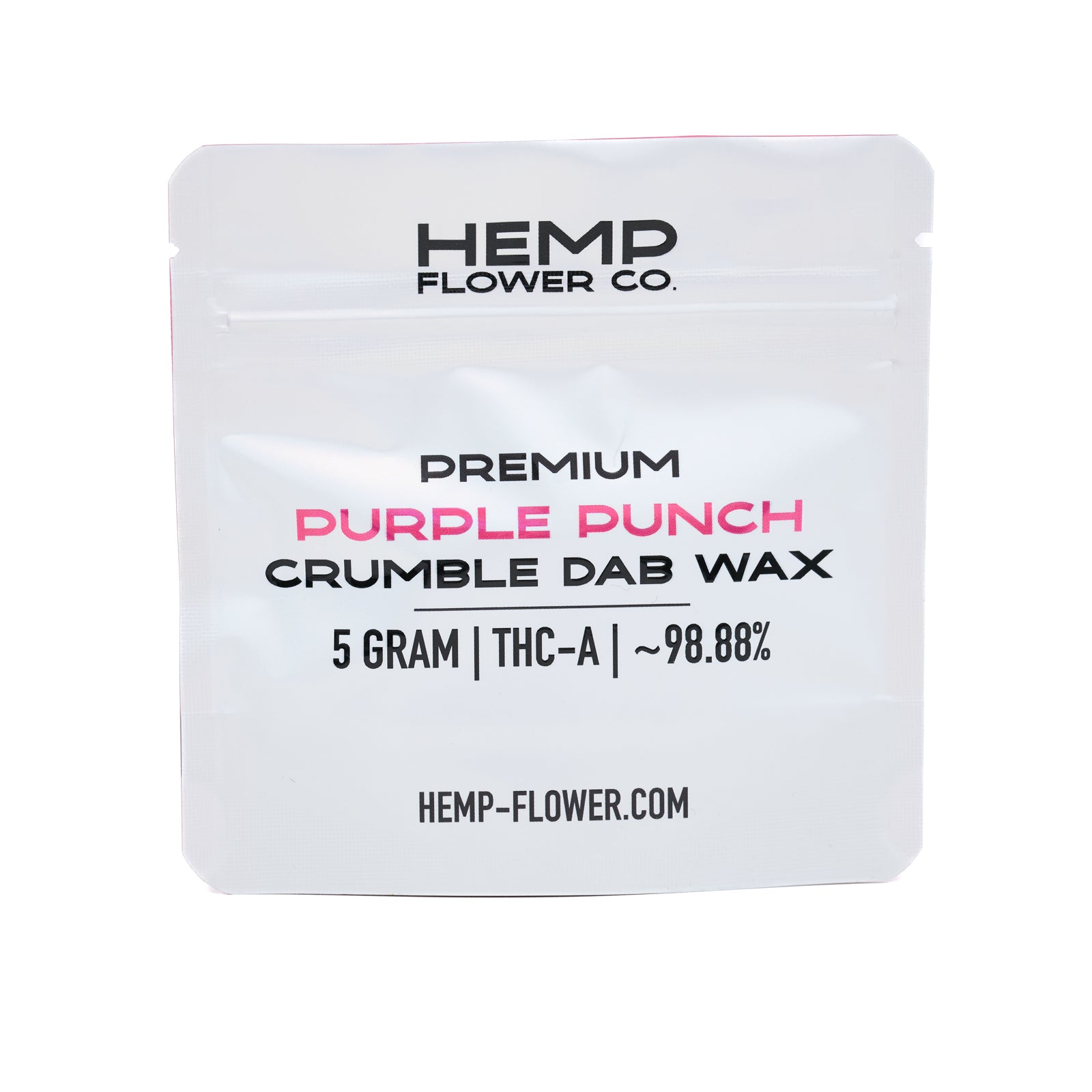 White pouch of Purple Punch THCA crumble wax with hemp flower for potent dab sessions