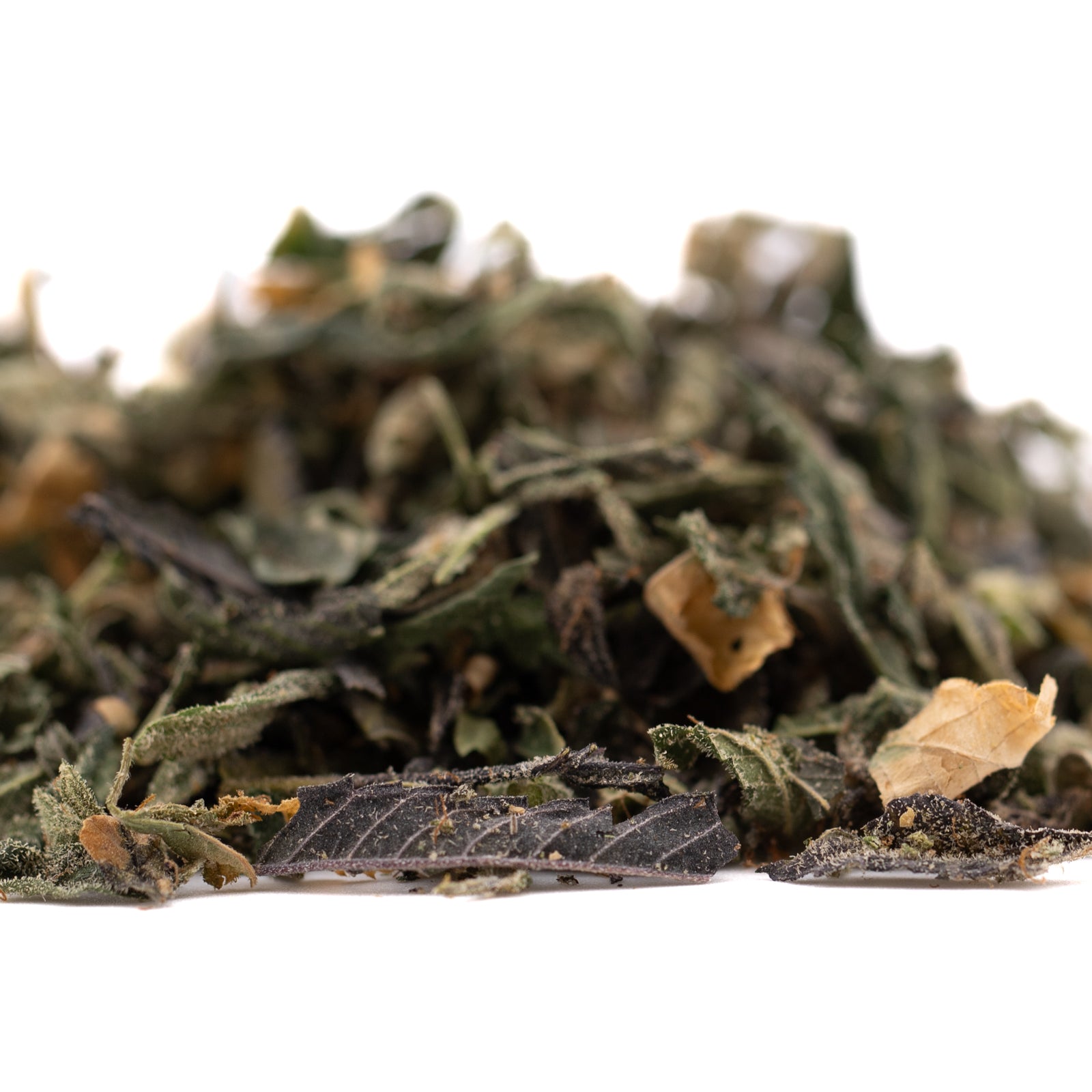 Loose-leaf herbal tea with green leaves and light brown pieces for Tropical Punch Indoor THC A Trim Northern Lights