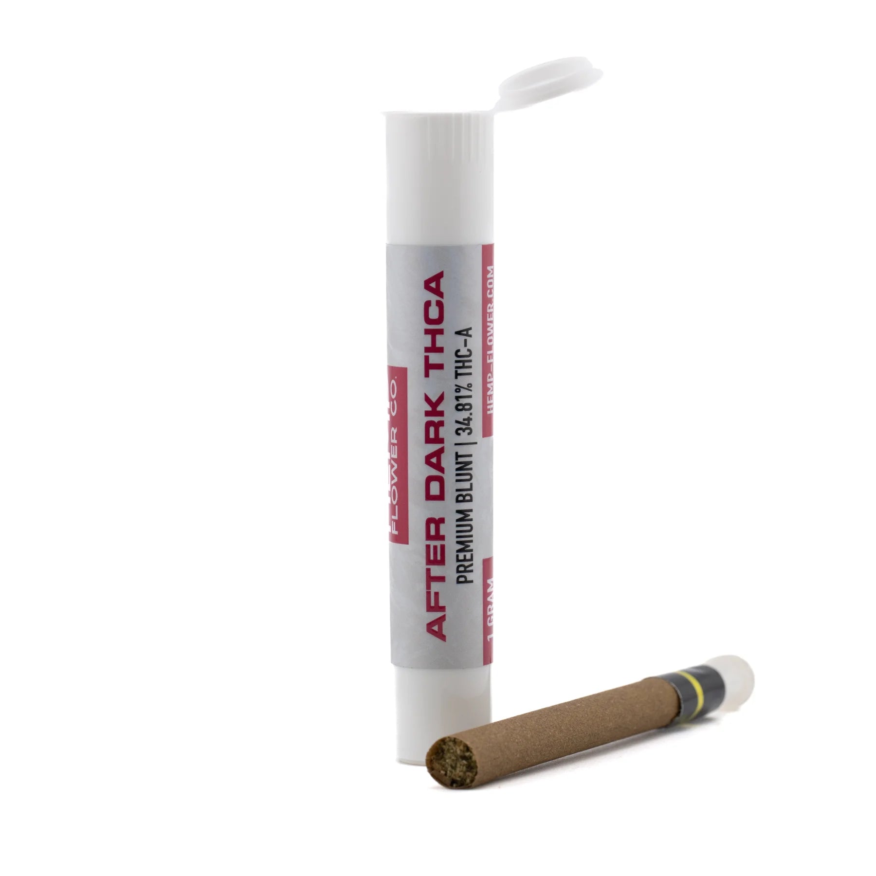 White cylindrical container with red and black labeling for after dark thca blunt featuring flip-top lid for sunset sherbet and gush mints