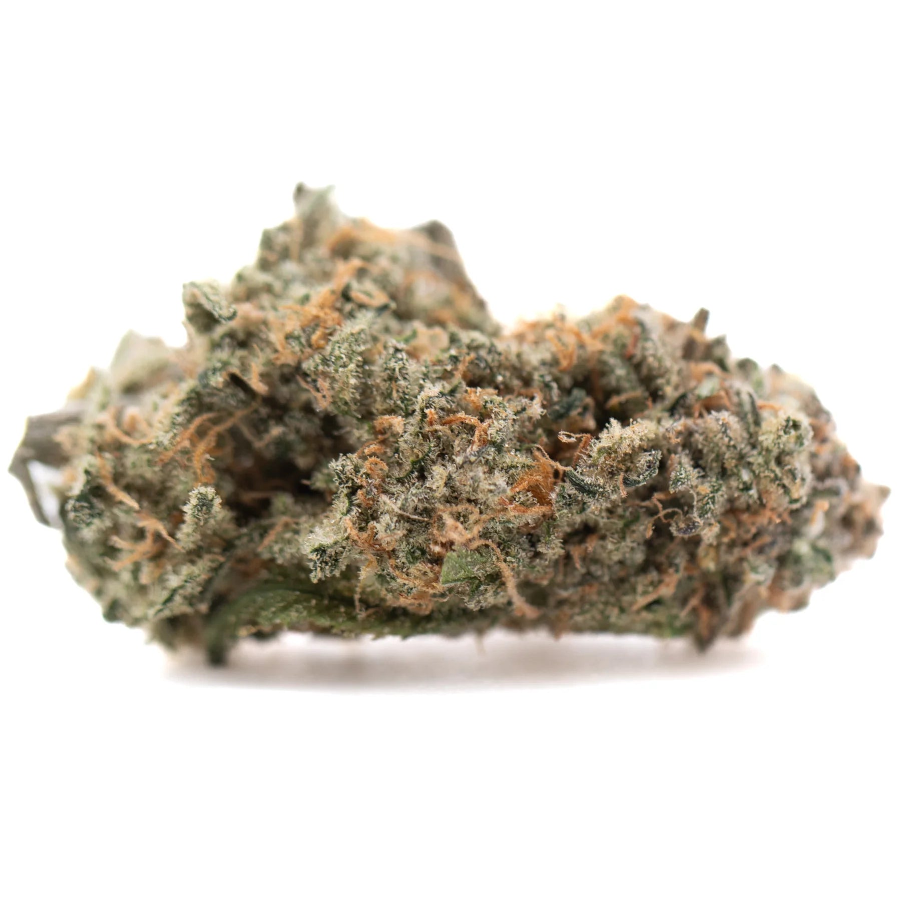 A dense green and orange alaskan huckleberry diesel indoor cannabis bud coated with frosty white trichomes