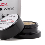 Black cylindrical container with glossy finish holding light amber apple jack thca crumble wax by hemp flower co