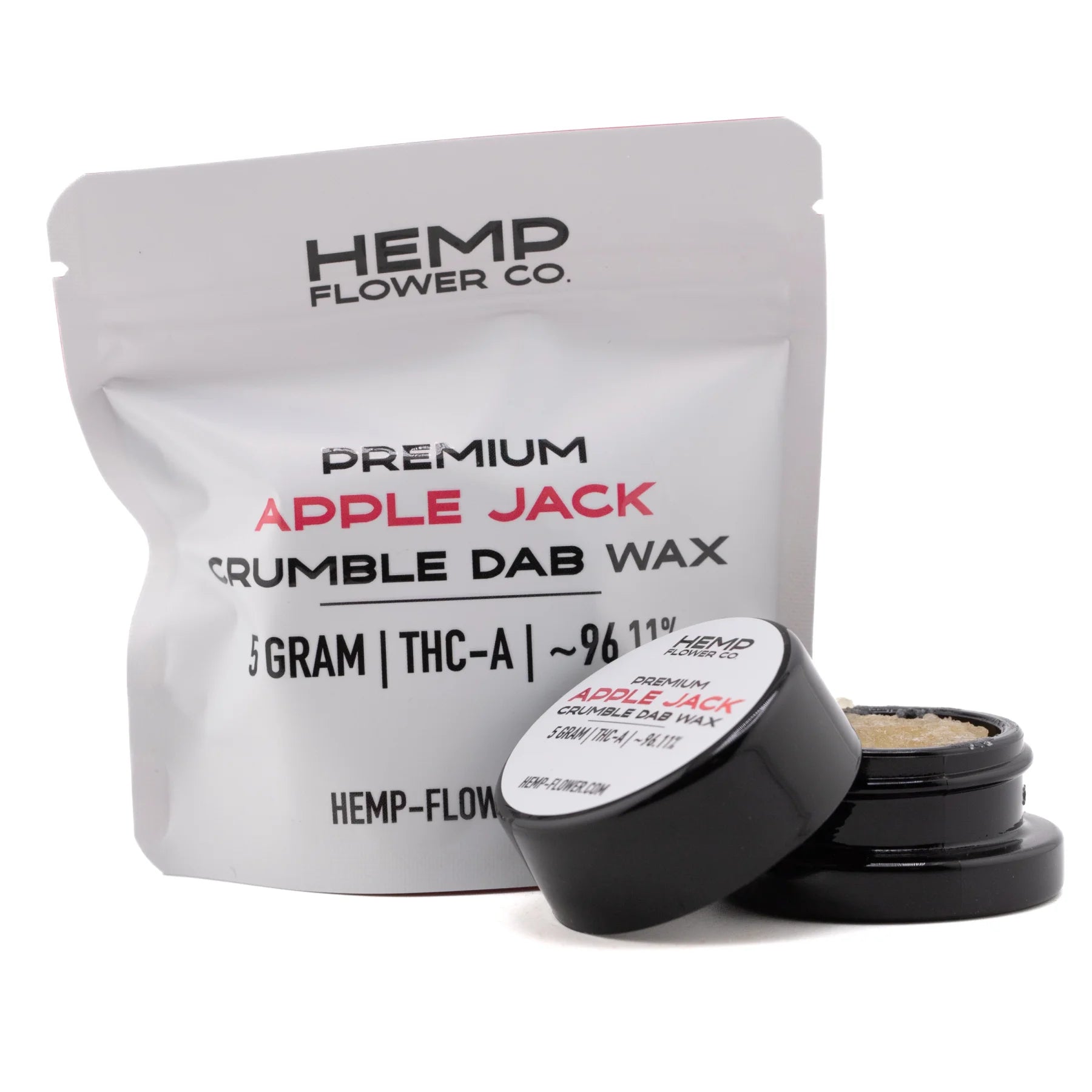 A sleek black container with white label holding 5 gram apple jack thca crumble wax from hemp flower co