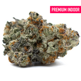 Dense frosty Astroboy Indoor THCa Flower cannabis bud with orange hairs and orchard swirl aroma