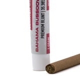 A white cylindrical tube labeled bahama bussdown premium blunt with a brown paper blunt showing runtz x bahama five-terpene profile