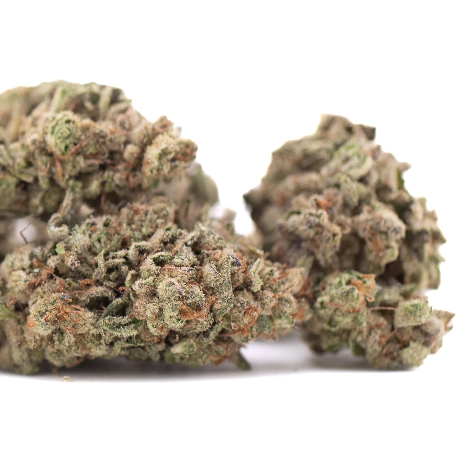 Dried bahama bussdown hemp flower with dense green and brown buds from greenhouse thca harvest