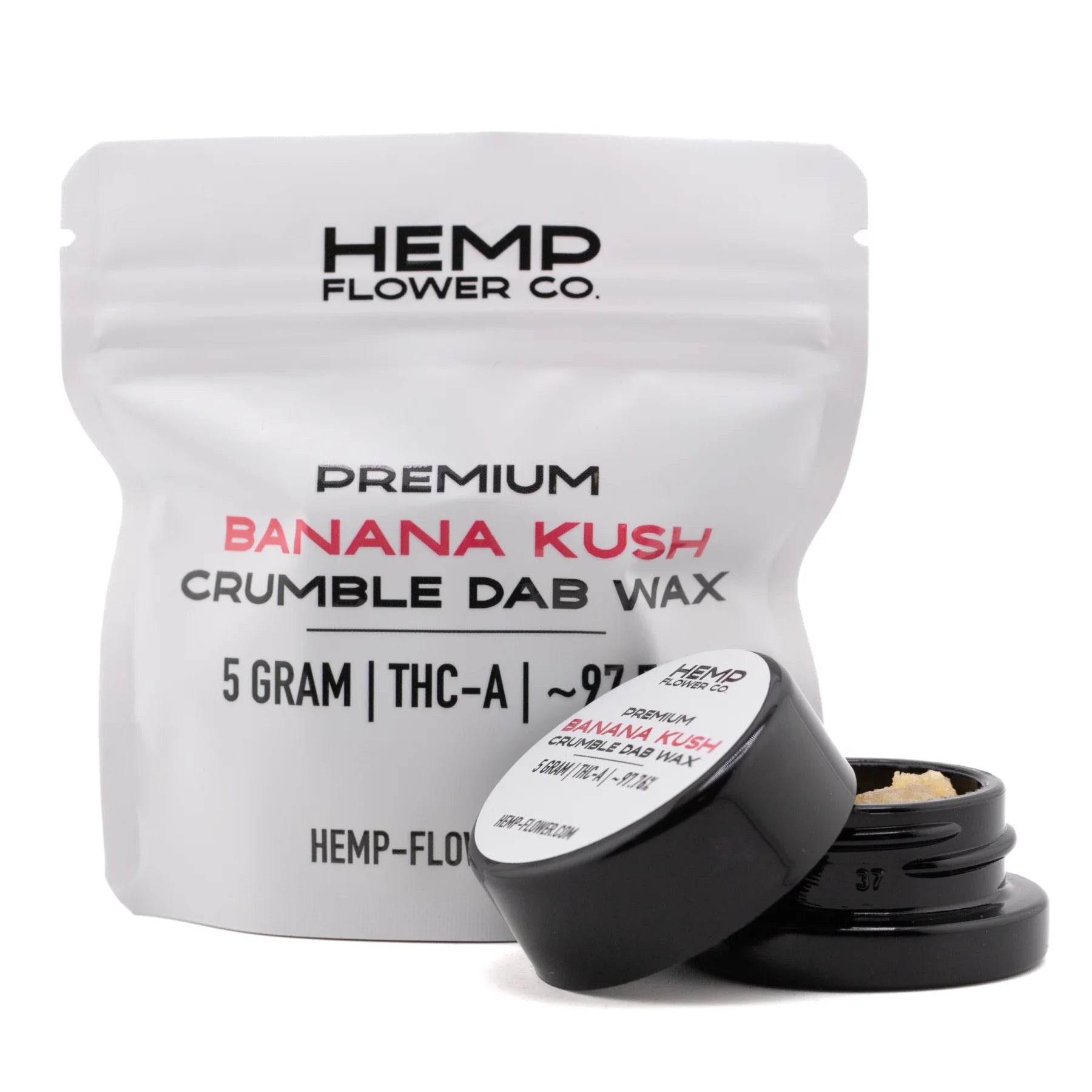 Black cylindrical container with matching lid holding light-colored banana kush thca crumble wax 5 gram hemp flower