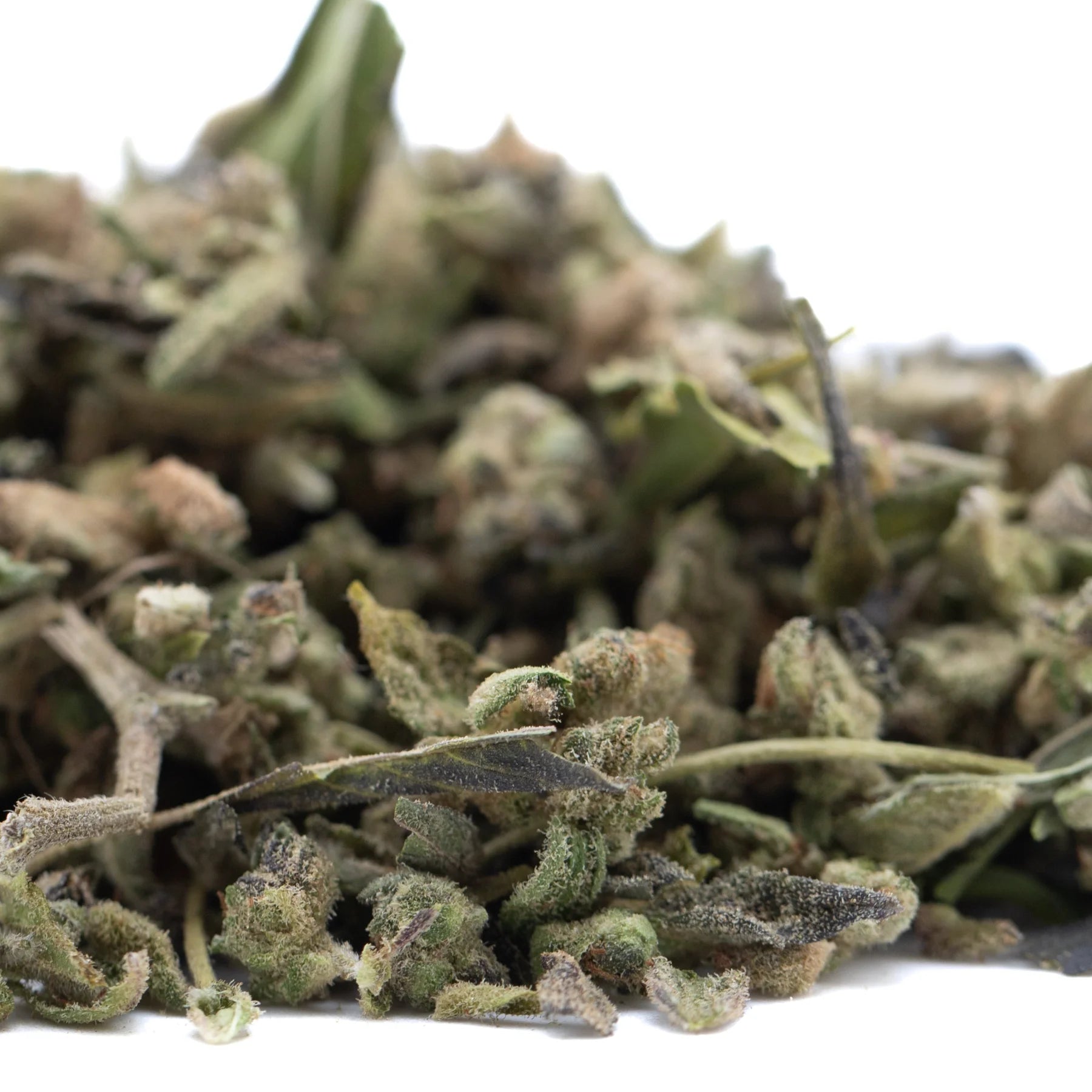 Dried banjerine full-term thca trim with fuzzy sage leaves in green and brown hues for boost x tangelo flavor