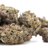Lush dense banjerine thca flower buds with green and brown hues covered in trichomes for evening stress relief