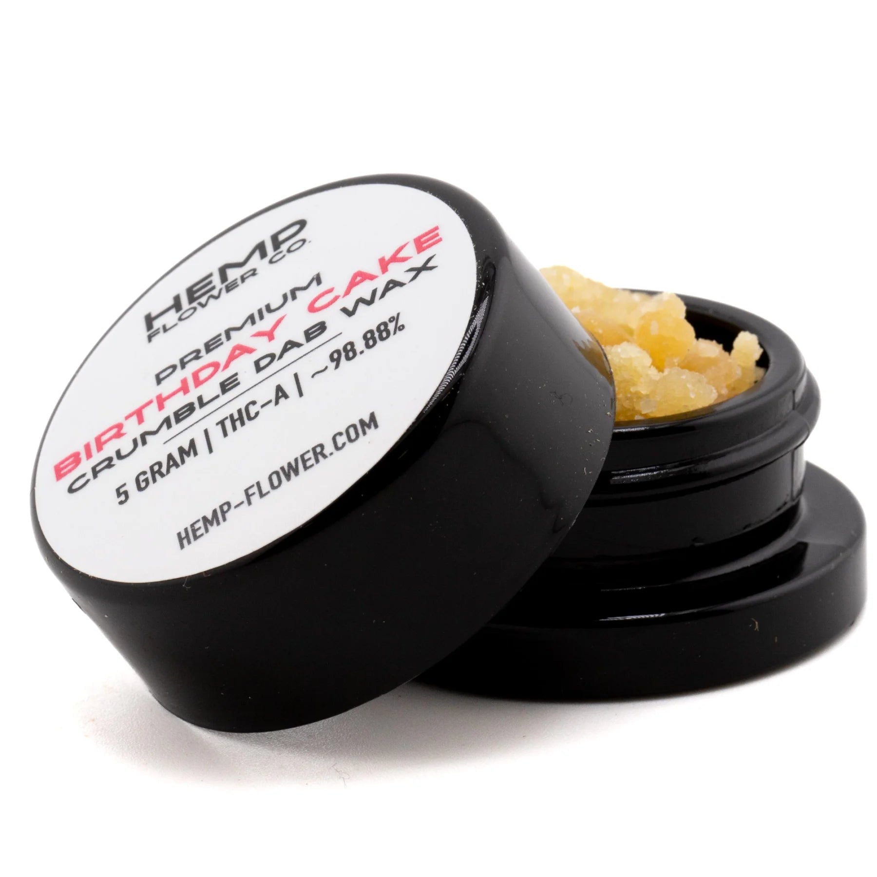Black cylindrical container with white label holding yellow birthday cake thca crumble wax 5 gram for hemp flower use