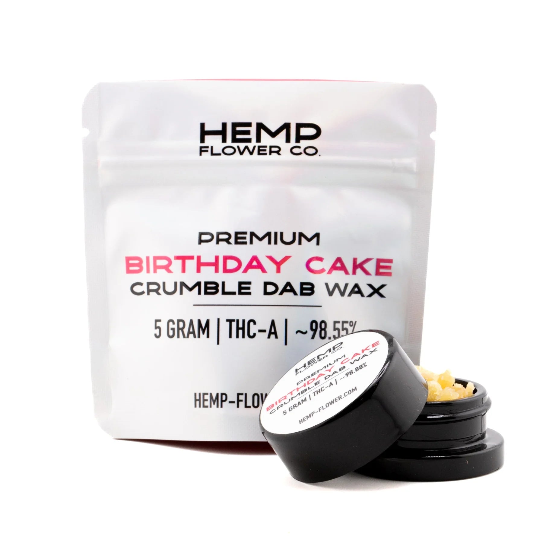 Black cylindrical container with white label holding yellowish birthday cake thca crumble wax 5 gram for hemp flower use