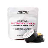 Black cylindrical container with white label holding yellowish birthday cake thca crumble wax 5 gram for hemp flower use