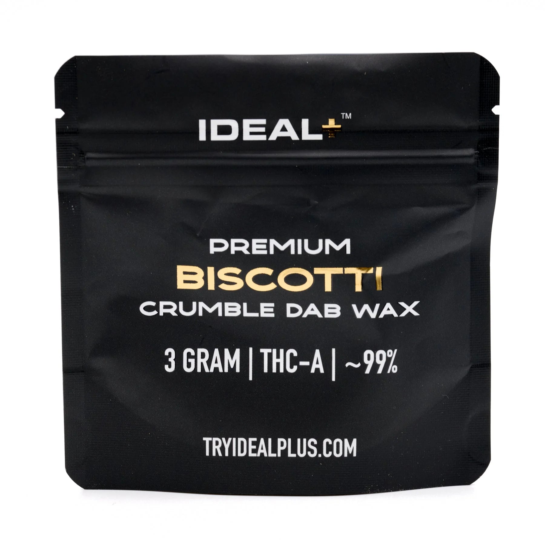 Black pouch of Biscotti 94.67% THCa Crumble Dab Wax, God’s Gift hemp flower concentrate