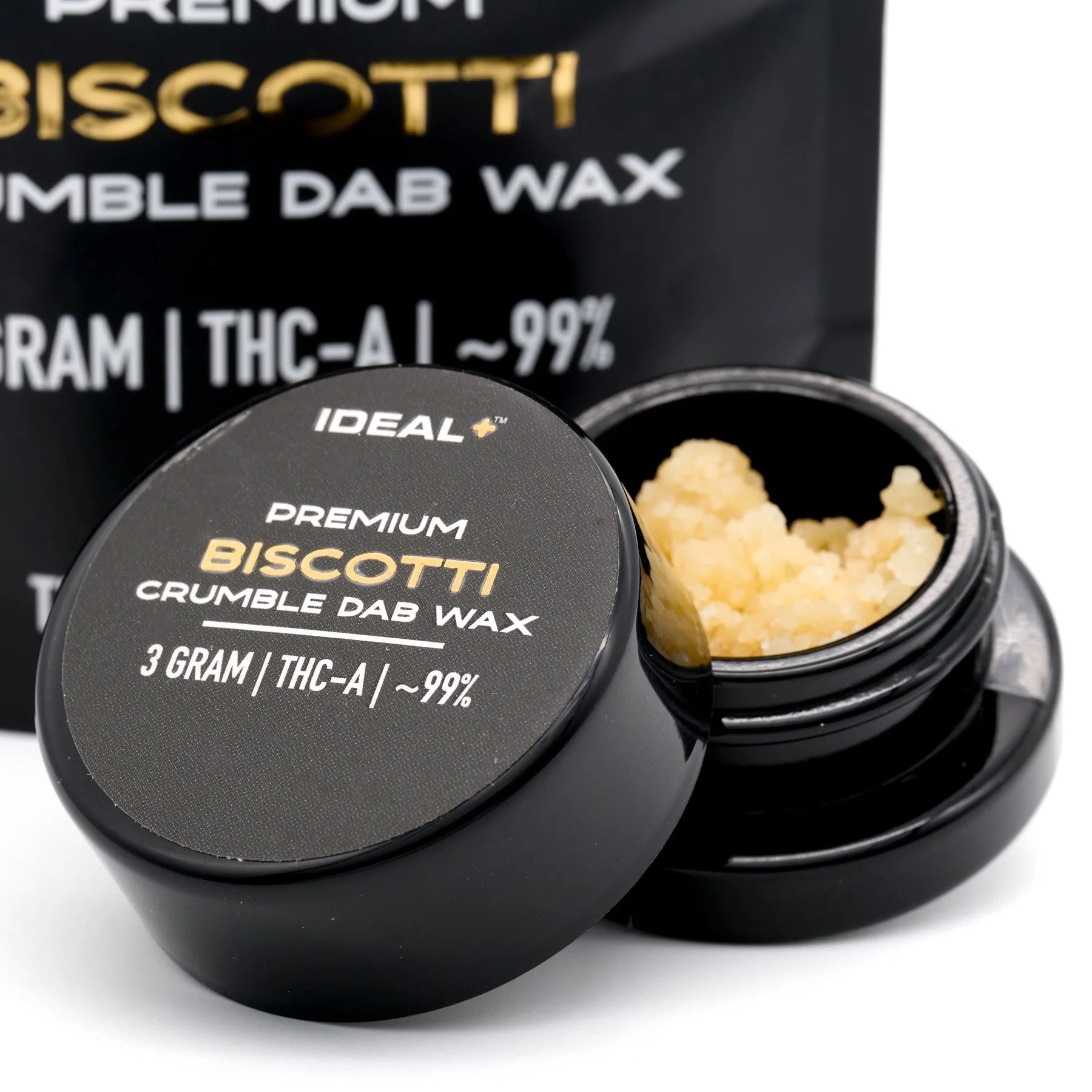 Small black jar with light yellow THCa crumble dab, perfect for hemp flower use