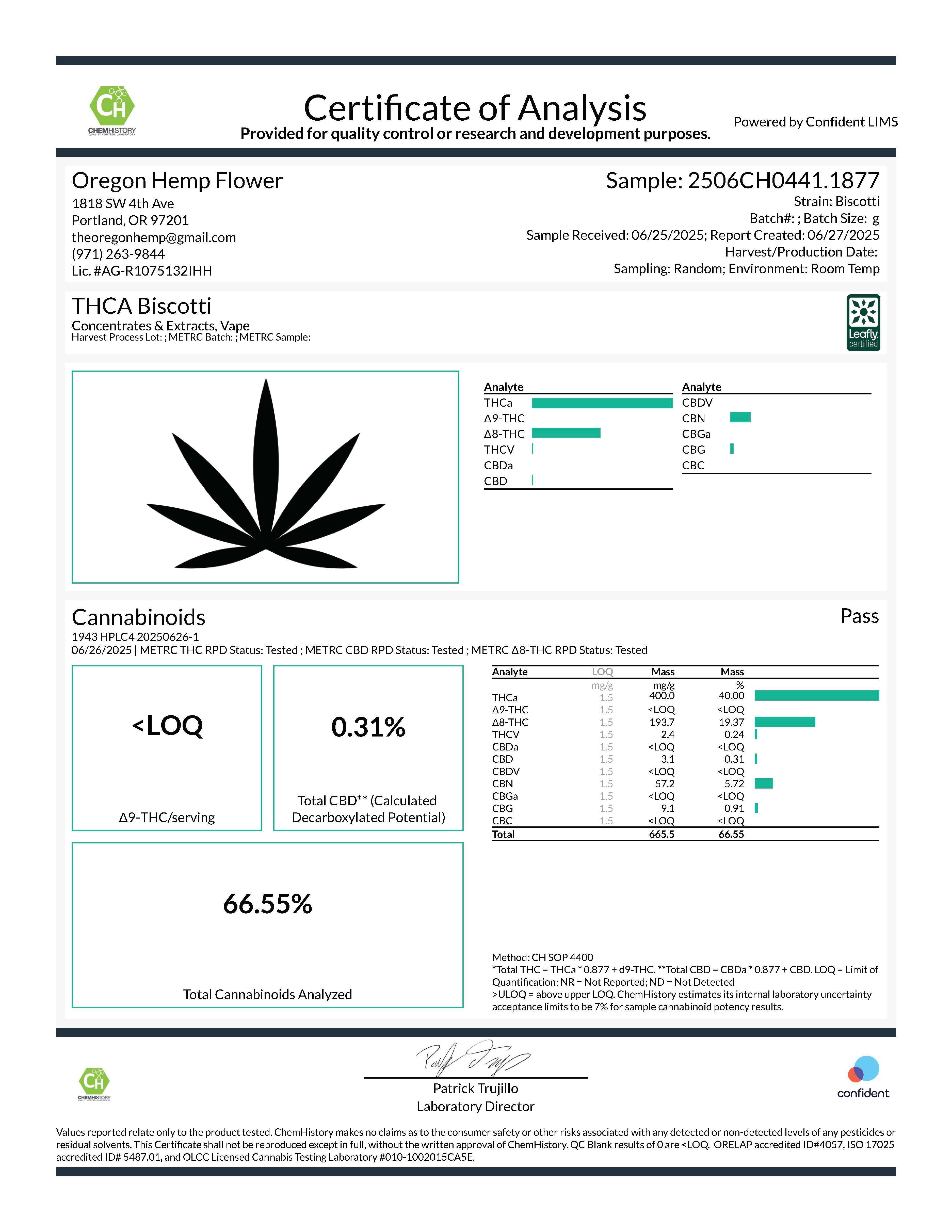 Certificate of analysis for Biscotti 98.54% THCa Vape Cartridge live resin product