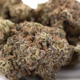 A dense resinous black amber indoor thca flower bud with green and brown hues covered in fine trichomes