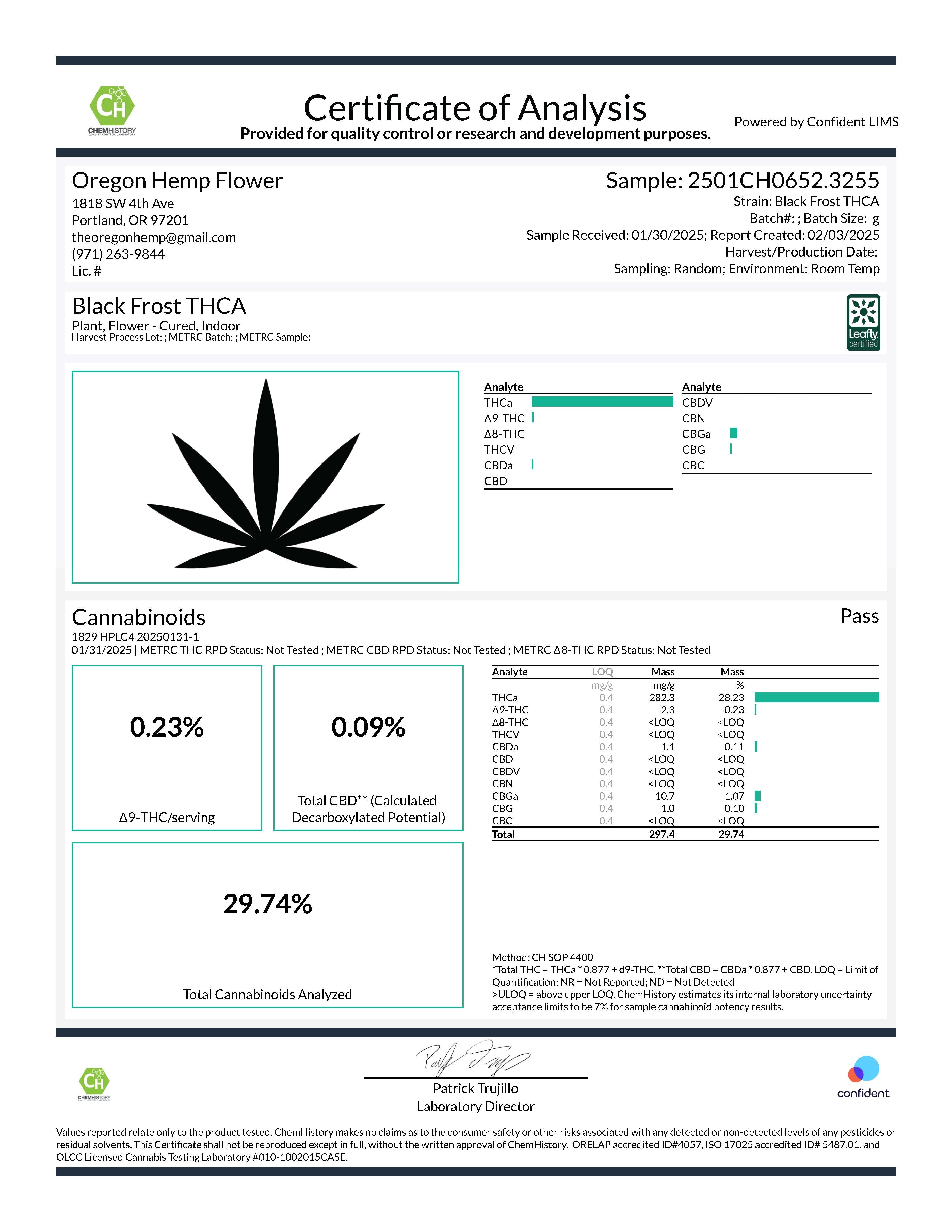 Cannabinoid analysis report for Oregon Hemp Flower Black Frost’s Indoor THCa Flower Blackberry Kush