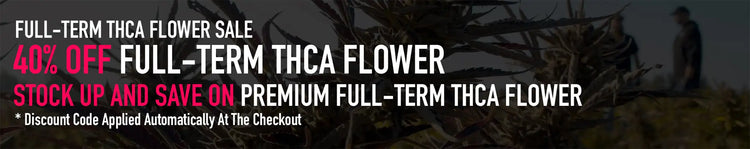 Black and white text advertising a 40% off sale on premium full-term thc flower.