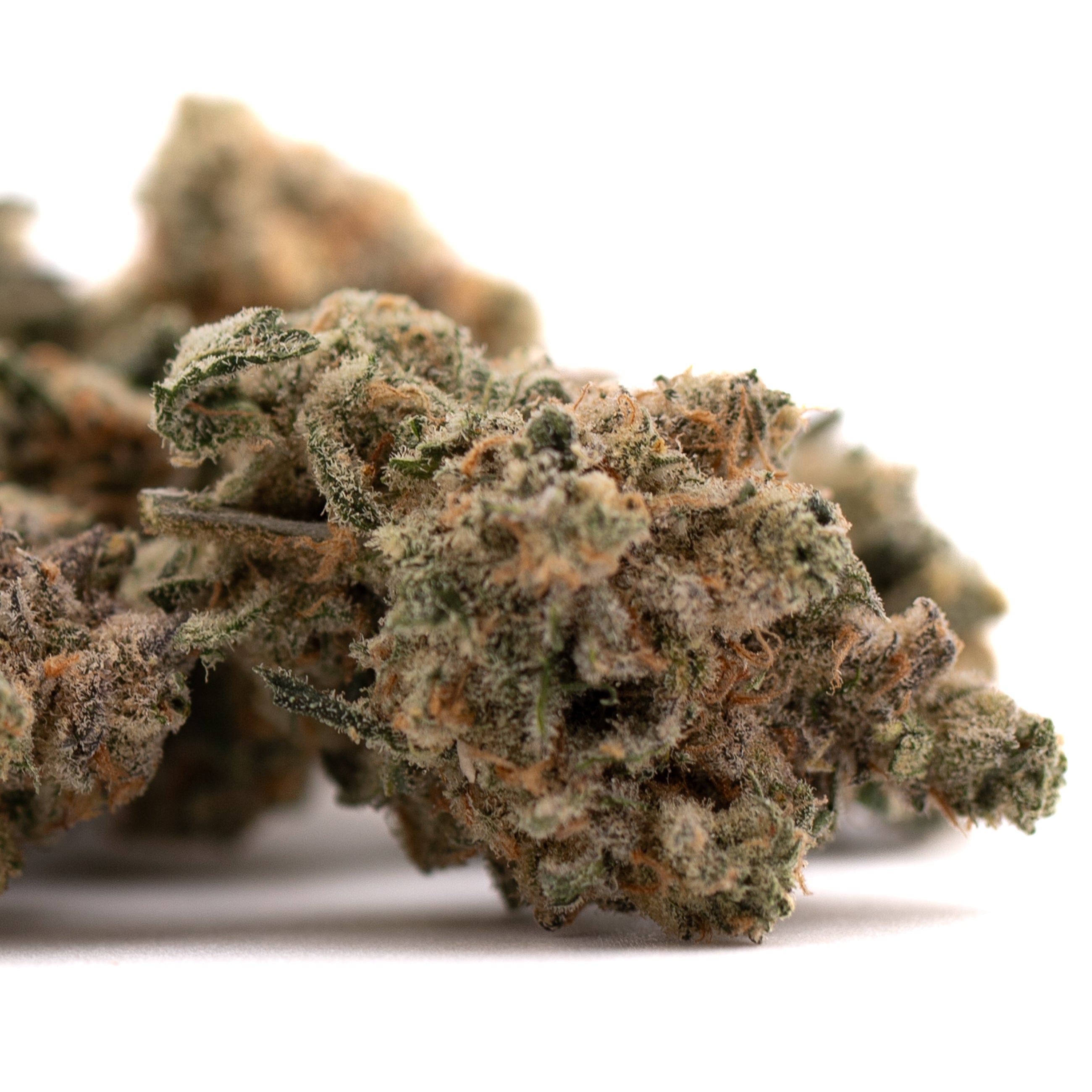 Close-up of Blue Dream THCA Flower with trichomes and orange hairs, premium indoor hemp flower