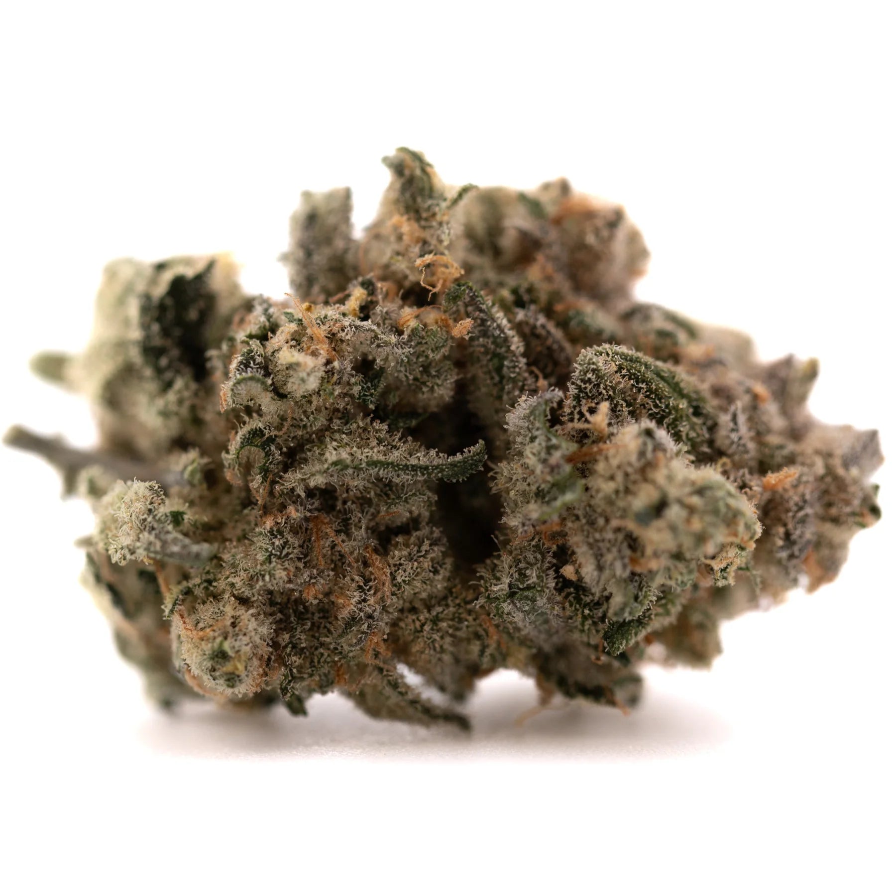 Dense Blue Dream THCA flower nug with green, purple, orange trichomes, indoor hemp flower