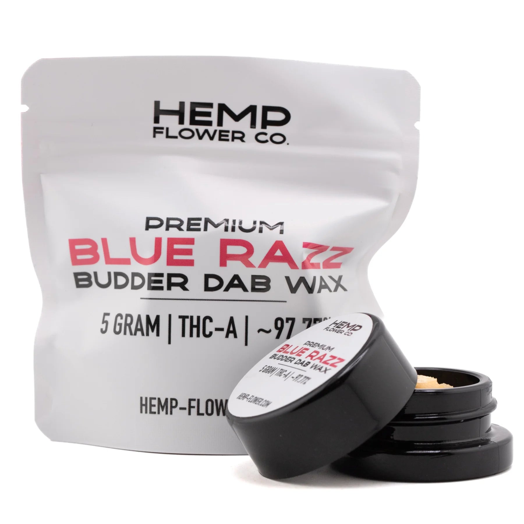 Black cylindrical container with white label holding premium blue raz thca budder wax from hemp flower co 5 gram