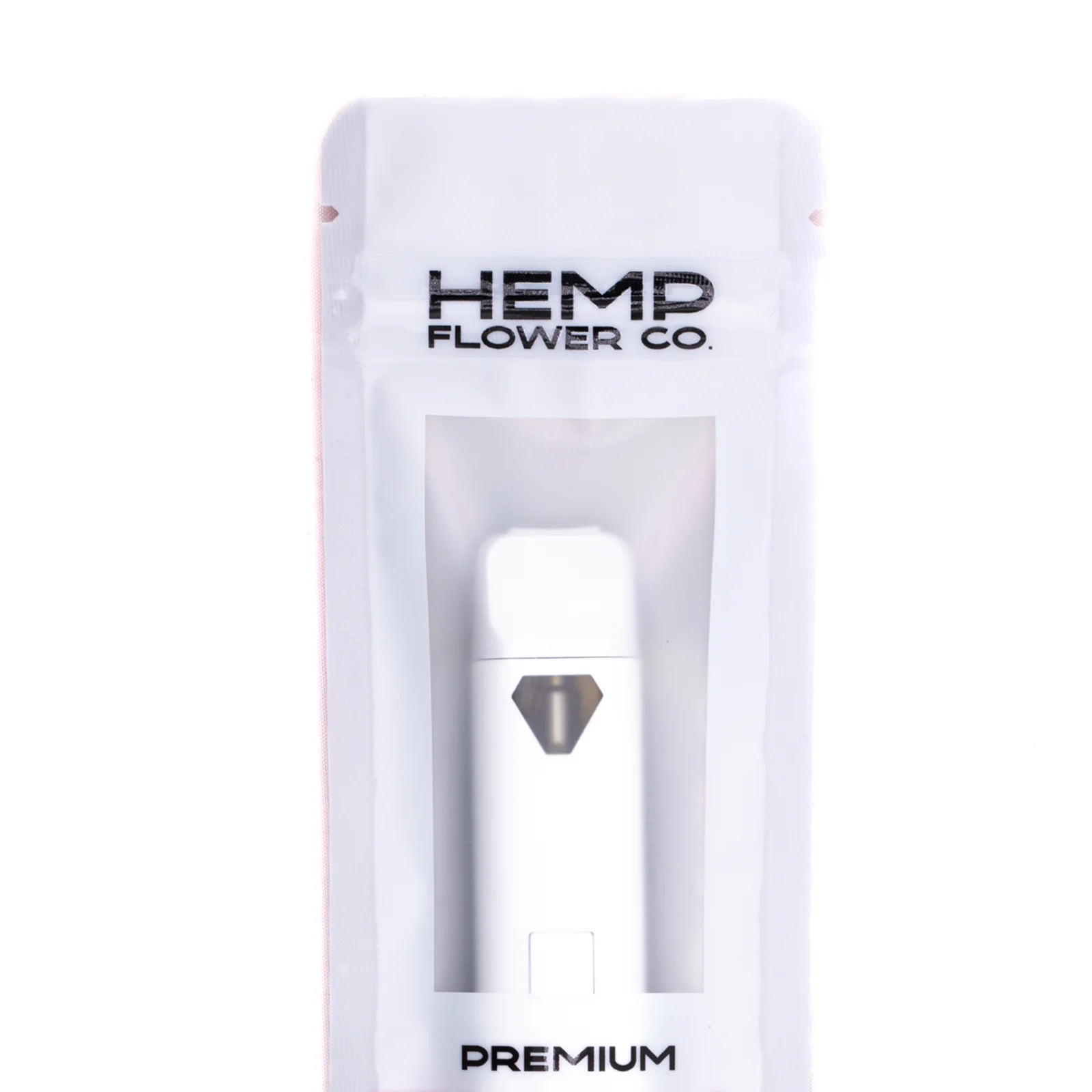 White disposable vape pen with silver diamond accent in clear sleeve labeled hemp flower co premium blue razz live resin disposable vape