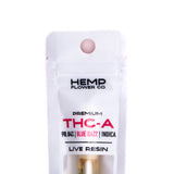 White pouch packaging for hemp flower co premium blue razz 98.84% thca vape cartridge live resin indica strain