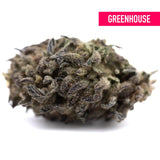 Dense blue sugar greenhouse thca flower with green and purple sugar cookies hues covered in fine trichomes