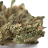 Dense green blue sugar hemp flower bud with fine trichomes and subtle brown hints in sugar cookies greenhouse smalls