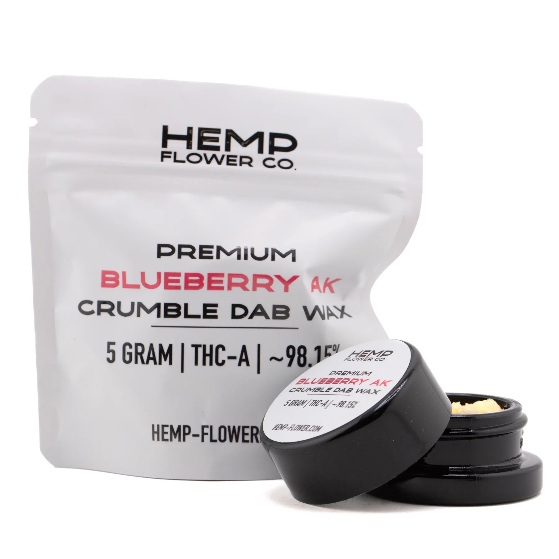 Black cylindrical container with white label holding 5 gram blueberry ak thca crumble wax with kush-like flavor
